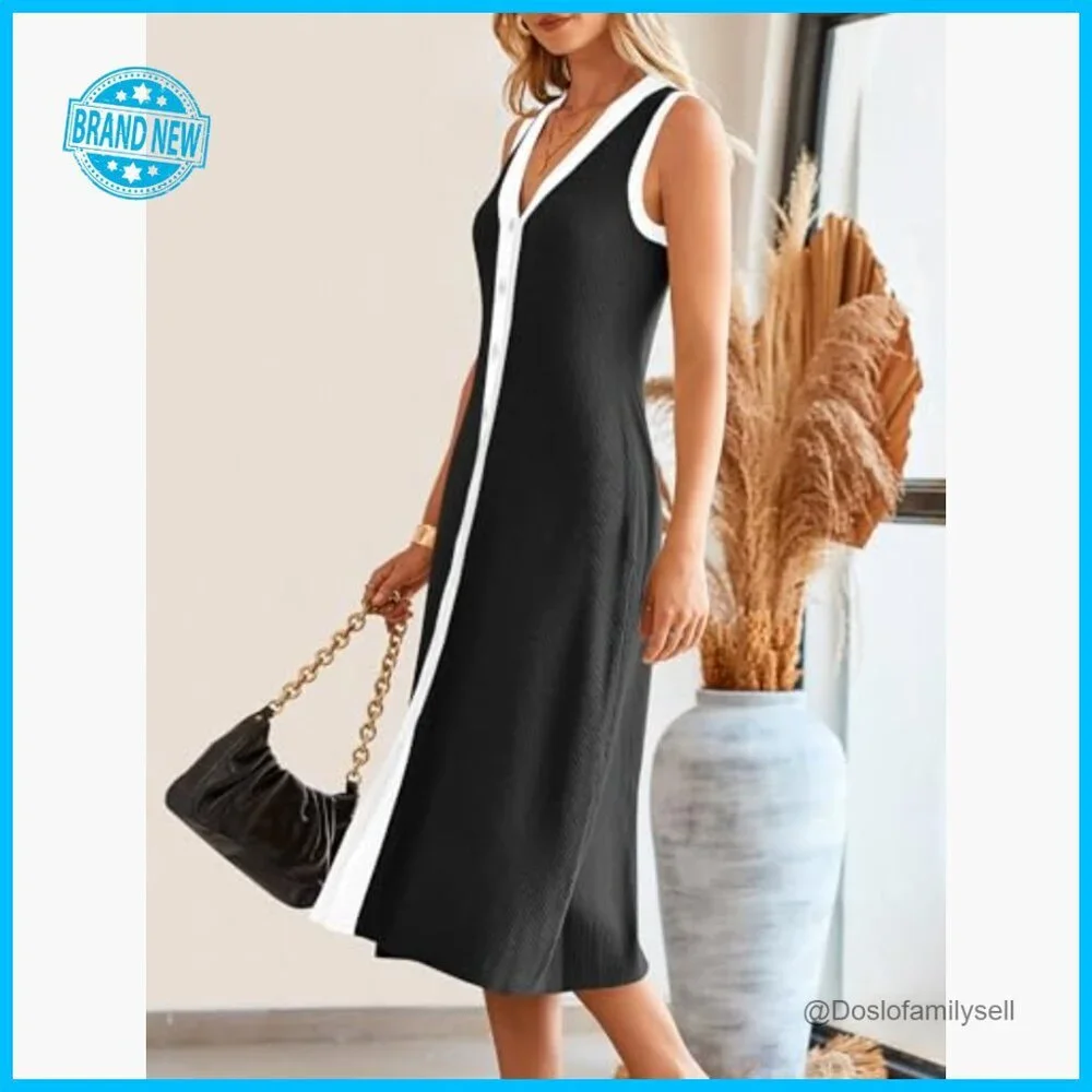Sleeveless V-Neck Ribbed Knit Midi Dress Button Down Casual Summer Chic - Picture 3 of 7